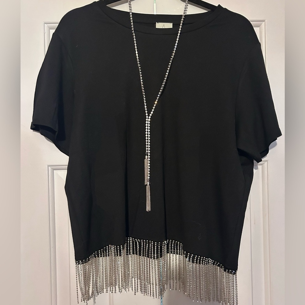 NWOT JOIE black / rhinestone fringe T shirt